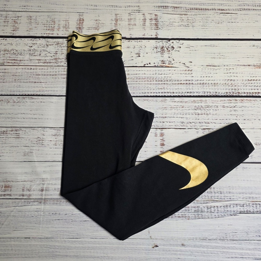 Nike Sportswear Womens Ankle‎ Leggings Black Gold Swoosh Size XS Stretch Yoga